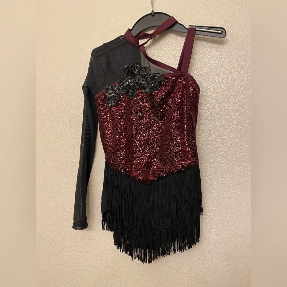 WEISSMAN Dance Costume burgundy fringe one sleeve Immortals 17042 LC-large child
